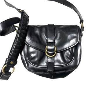 bag COLE HAAN black leather NWOT saddlebag brass accent woven strap gift worthy